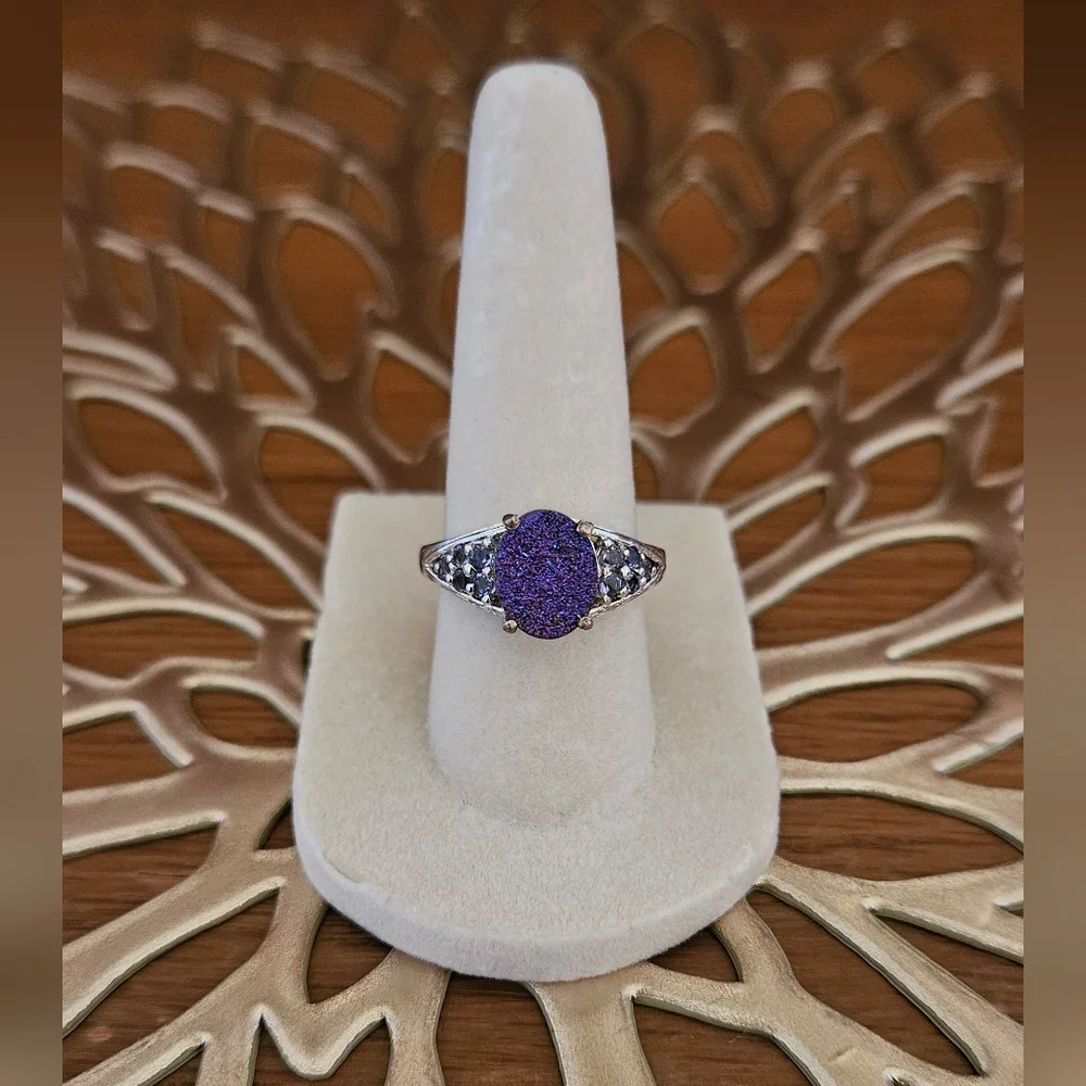 Purple Drusy & Iolite Ring Set In Platinum Over 925 Sterling Silver